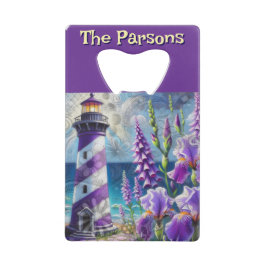 Paarse Vuurtoren w / Foxglove & Iris Gepersonalise Creditkaart Flessenopener