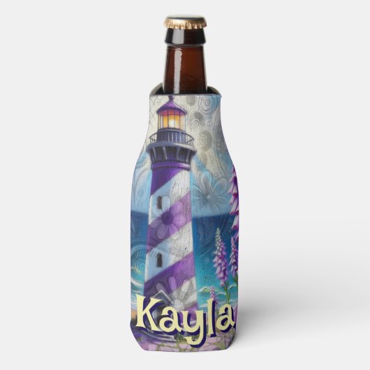 Paarse Vuurtoren w / Foxglove & Iris Gepersonalise Flesjeskoeler (Fles Voorkant)