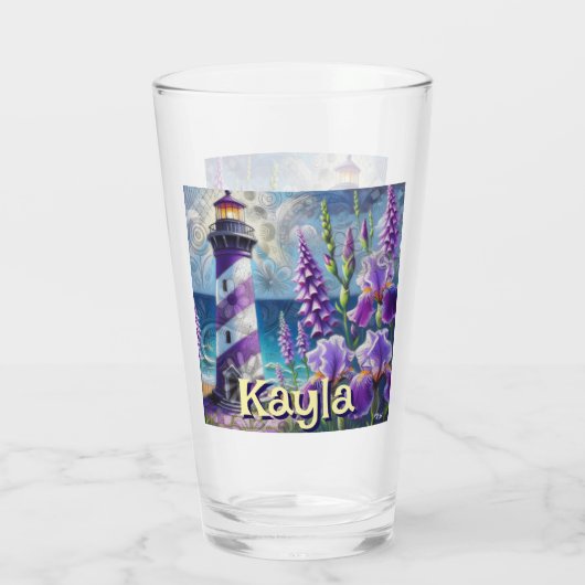 Paarse Vuurtoren w / Foxglove & Iris Gepersonalise Glas (Achterkant)