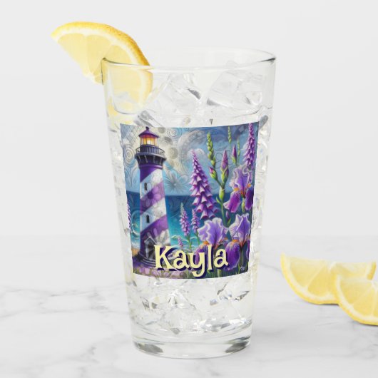 Paarse Vuurtoren w / Foxglove & Iris Gepersonalise Glas (Voorkant ijs)