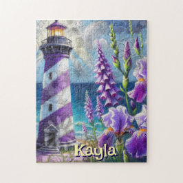 Paarse Vuurtoren w / Foxglove & Iris Gepersonalise Legpuzzel