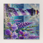 Paarse Vuurtoren w / Foxglove & Iris Gepersonalise Legpuzzel (Horizontaal)