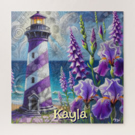 Paarse Vuurtoren w / Foxglove & Iris Gepersonalise Legpuzzel