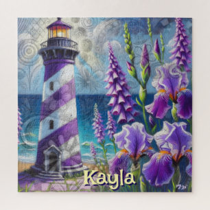 Paarse Vuurtoren w / Foxglove & Iris Gepersonalise Legpuzzel