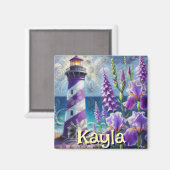 Paarse Vuurtoren w / Foxglove & Iris Gepersonalise Magneet (Voorkant / Achterkant)