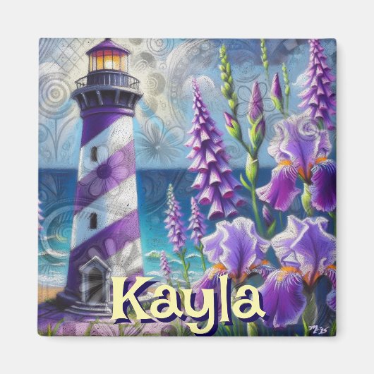 Paarse Vuurtoren w / Foxglove & Iris Gepersonalise Magneet (Voorkant)
