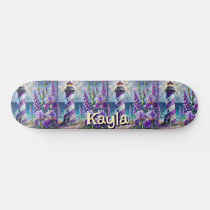 Paarse Vuurtoren w / Foxglove & Iris Gepersonalise Persoonlijk Skateboard