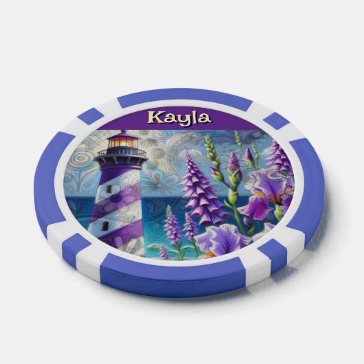 Paarse Vuurtoren w / Foxglove & Iris Gepersonalise Poker Chips (Enkel)