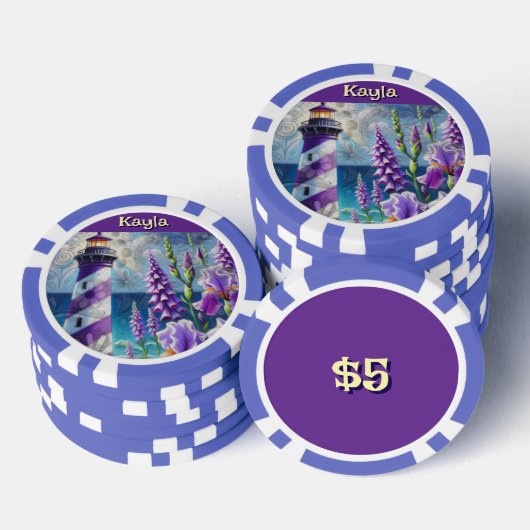 Paarse Vuurtoren w / Foxglove & Iris Gepersonalise Poker Chips (Opstapeling)