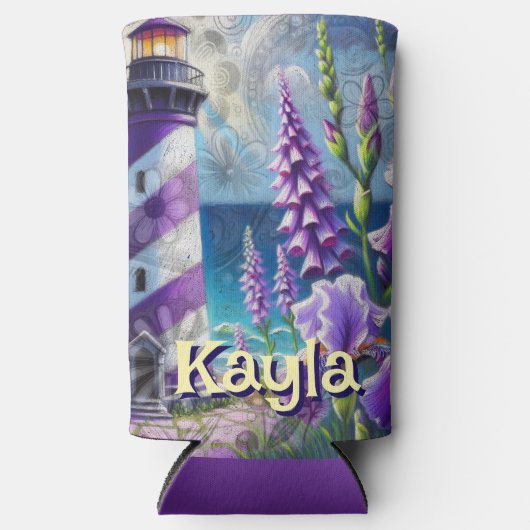 Paarse Vuurtoren w / Foxglove & Iris Gepersonalise Seltzer Blikjeskoeler (Voorkant)