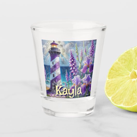 Paarse Vuurtoren w / Foxglove & Iris Gepersonalise Shot Glas (Voorkant)