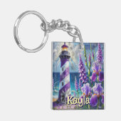 Paarse Vuurtoren w / Foxglove & Iris Gepersonalise Sleutelhanger (Voorkant Links)