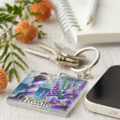 Paarse Vuurtoren w / Foxglove & Iris Gepersonalise Sleutelhanger (Voorkant Rechts)