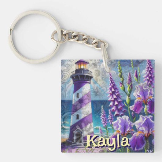 Paarse Vuurtoren w / Foxglove & Iris Gepersonalise Sleutelhanger (Voorkant)