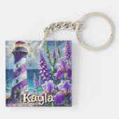 Paarse Vuurtoren w / Foxglove & Iris Gepersonalise Sleutelhanger (Achterkant)