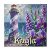 Paarse Vuurtoren w / Foxglove & Iris Gepersonalise Tegeltje (Voorkant)