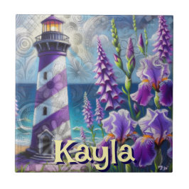 Paarse Vuurtoren w / Foxglove & Iris Gepersonalise Tegeltje