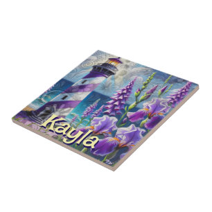 Paarse Vuurtoren w / Foxglove & Iris Gepersonalise Tegeltje
