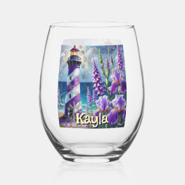 Paarse Vuurtoren w / Foxglove & Iris Gepersonalise Wijnglas Zonder Voet