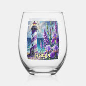 Paarse Vuurtoren w / Foxglove & Iris Gepersonalise Wijnglas Zonder Voet (Achterkant)