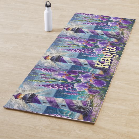 Paarse Vuurtoren w / Foxglove & Iris Gepersonalise Yogamat (In situ)