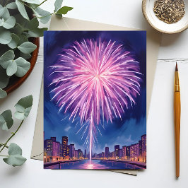 Paarse Vuurwerk | Gelukkig Nieuwjaar Waterverf Briefkaart