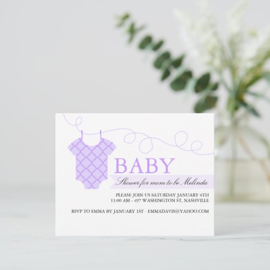 Paarse waslijn Modern Baby shower Invitation Kaart (Staand voorkant)
