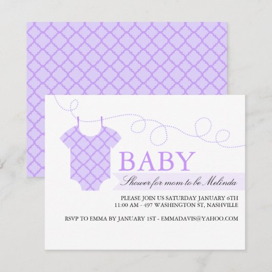 Paarse waslijn Modern Baby shower Invitation Kaart (Voorkant / Achterkant)