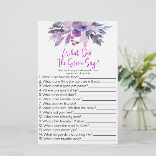 Paarse wat de bruidegom zeggen Vrijgezellenfeest s Briefpapier (Staand voorkant)