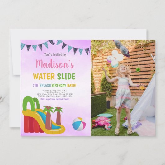 Paarse Water Slide Uitnodigingen met Foto (Voorkant)