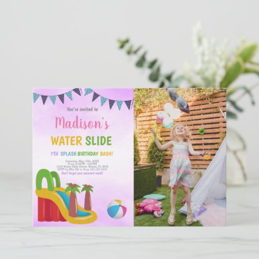 Paarse Water Slide Uitnodigingen met Foto (Staand voorkant)