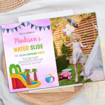 Paarse Water Slide Uitnodigingen met Foto