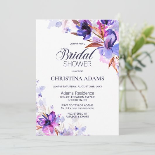 Paarse Watercolor Bloem Bruidsfeest Kaart (Staand voorkant)