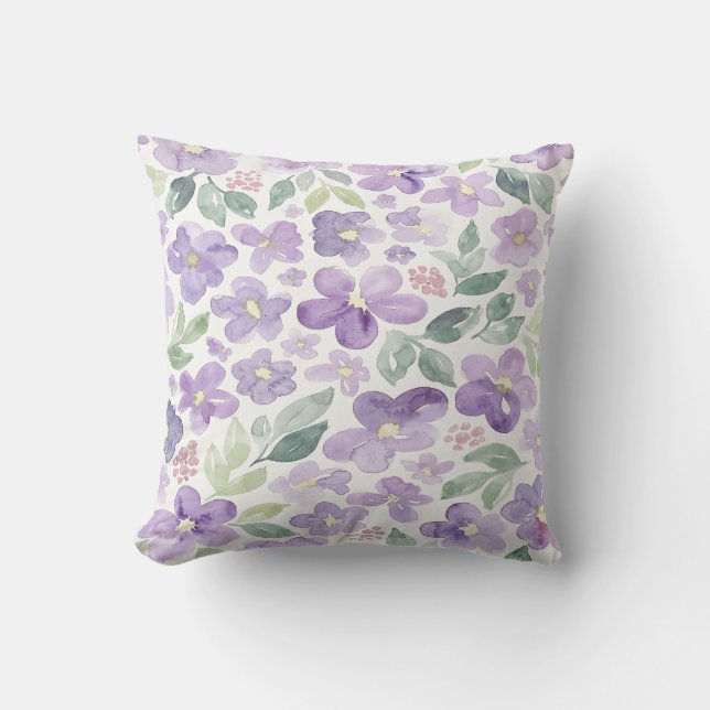Paarse Watercolor Bloemen Kussen (Voorkant)