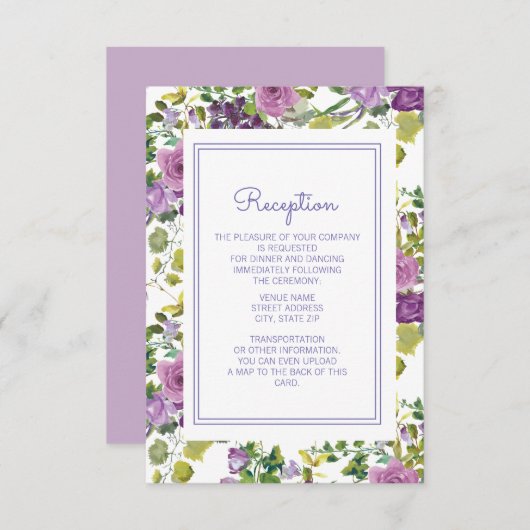Paarse Watercolor Bloemetuin Bruiloftsreceptie Kaart (Voorkant / Achterkant)