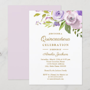 Paarse Watercolor Bloemige Quinceanera Kaart