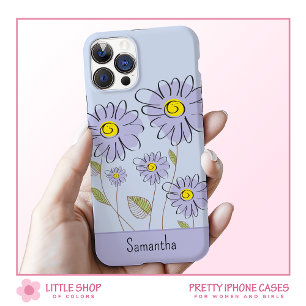 Paarse Watercolor Madeliefjes Monogram iPhone 15 Case