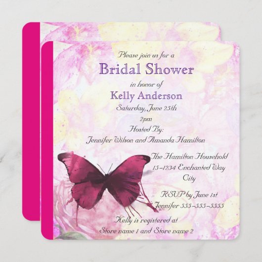 Paarse Watercolor Vlinder Bruidsdouche Kaart (Voorkant / Achterkant)