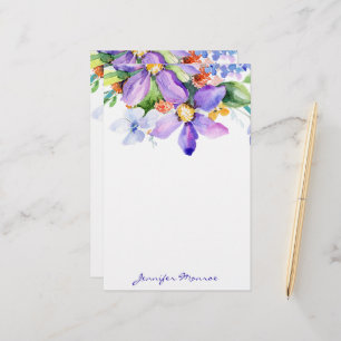 Paarse watercolorbloemen gepersonaliseerd briefpapier