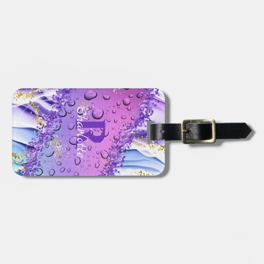 Paarse waterdruppels | Blauw en witte ombre Bagagelabel (Voorkant horizontaal)