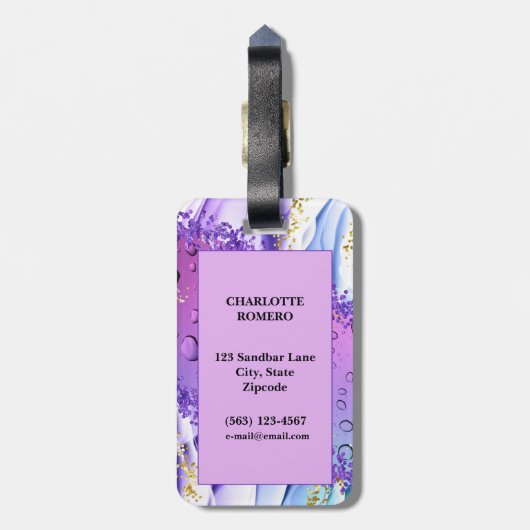 Paarse waterdruppels | Blauw en witte ombre Bagagelabel (Achterkant verticaal)