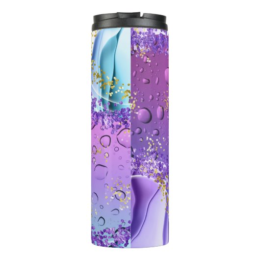 Paarse waterdruppels | Blauw en witte ombre Thermosbeker (Achterkant)
