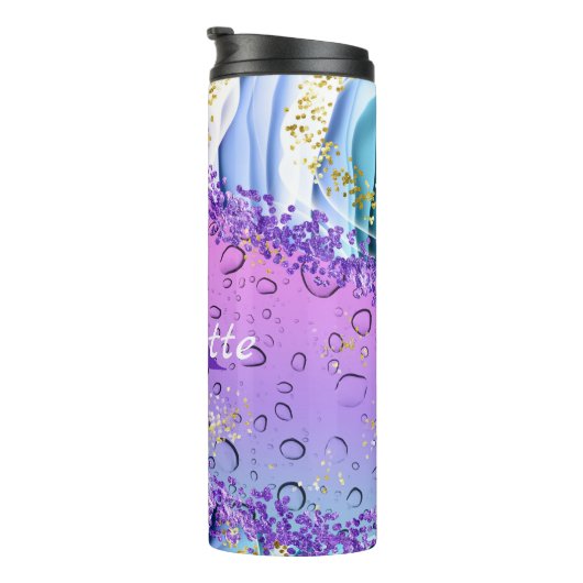 Paarse waterdruppels | Blauw en witte ombre Thermosbeker (Geroteerd rechts)