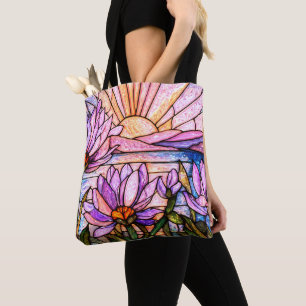 Paarse Waterlelie Nep Gebrandschilderde Zonneburst Tote Bag