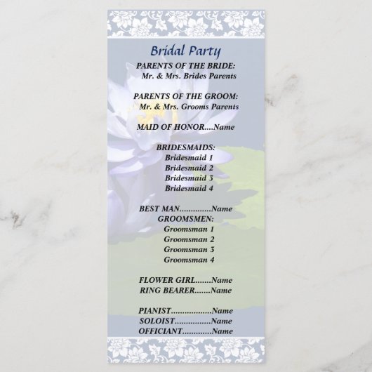 Paarse waterlelies in het Sunshine Wedding Program Programmakaart (Achterkant)