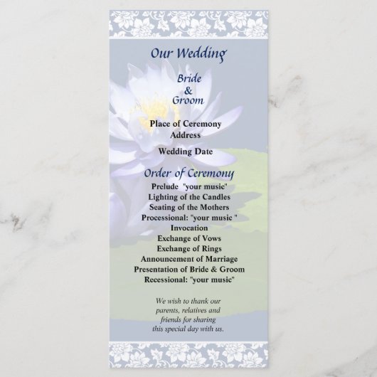 Paarse waterlelies in het Sunshine Wedding Program Programmakaart (Voorkant)