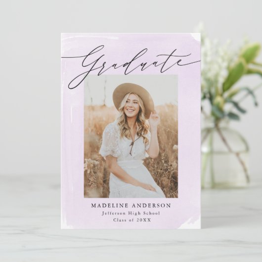 Paarse Waterverf 4 Foto Afstuderen Aankondiging (Staand voorkant)