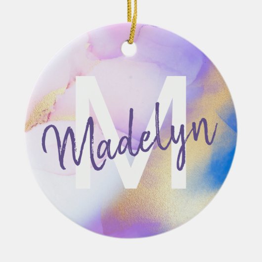 Paarse Waterverf Abstract Girly Luxury Monogram Keramisch Ornament (Voorkant)