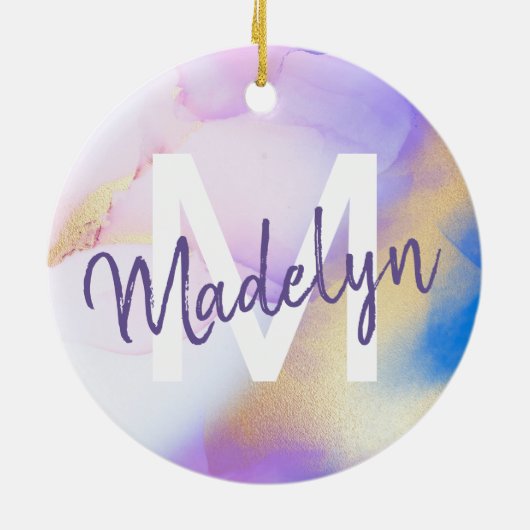 Paarse Waterverf Abstract Girly Luxury Monogram Keramisch Ornament (Achterkant)