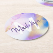 Paarse Waterverf Abstract Girly Luxury Monogram Ronde Kartonnen Onderzetter (Gebogen)